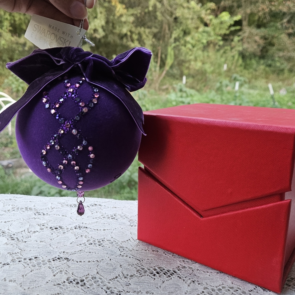 Big Purple Flocked Christmas Ornament Made w Swarovski Elements Joy Mangano